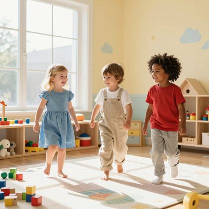 Three children walk and smile together across a bright playroom floor filled with various toys.