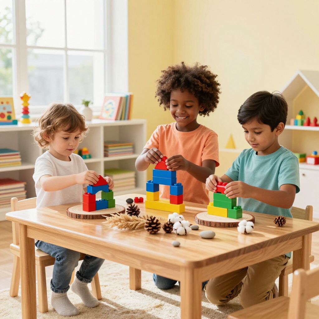 Three children sit at a wooden table in a bright room, smiling while building structures with colorful wooden blocks.