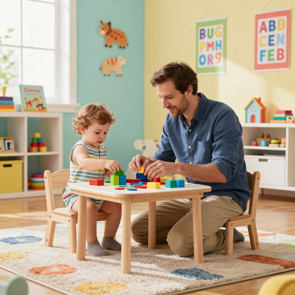 An adult and child sit at a small wooden table on a patterned rug, building with colorful blocks in a bright playroom.