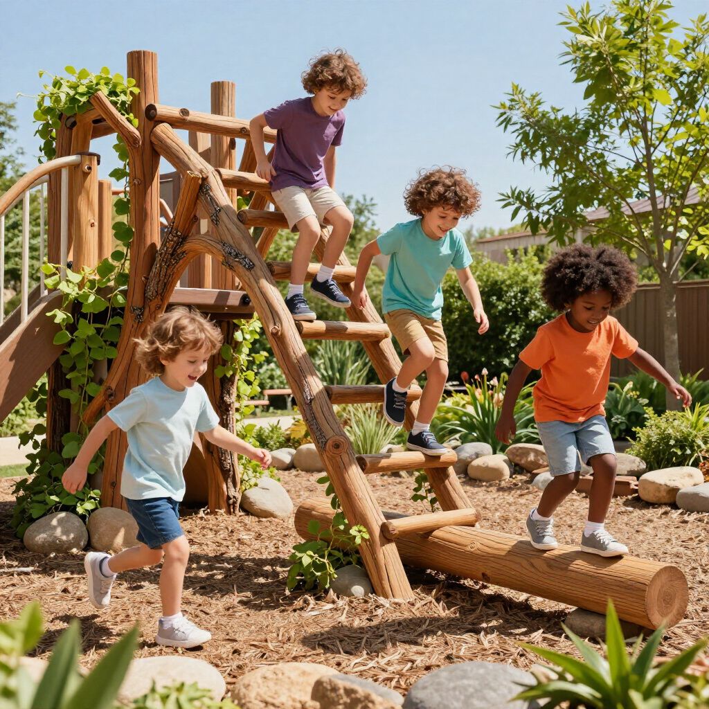Four children play on a rustic wooden climbing structure in a sunny, bark-covered backyard.