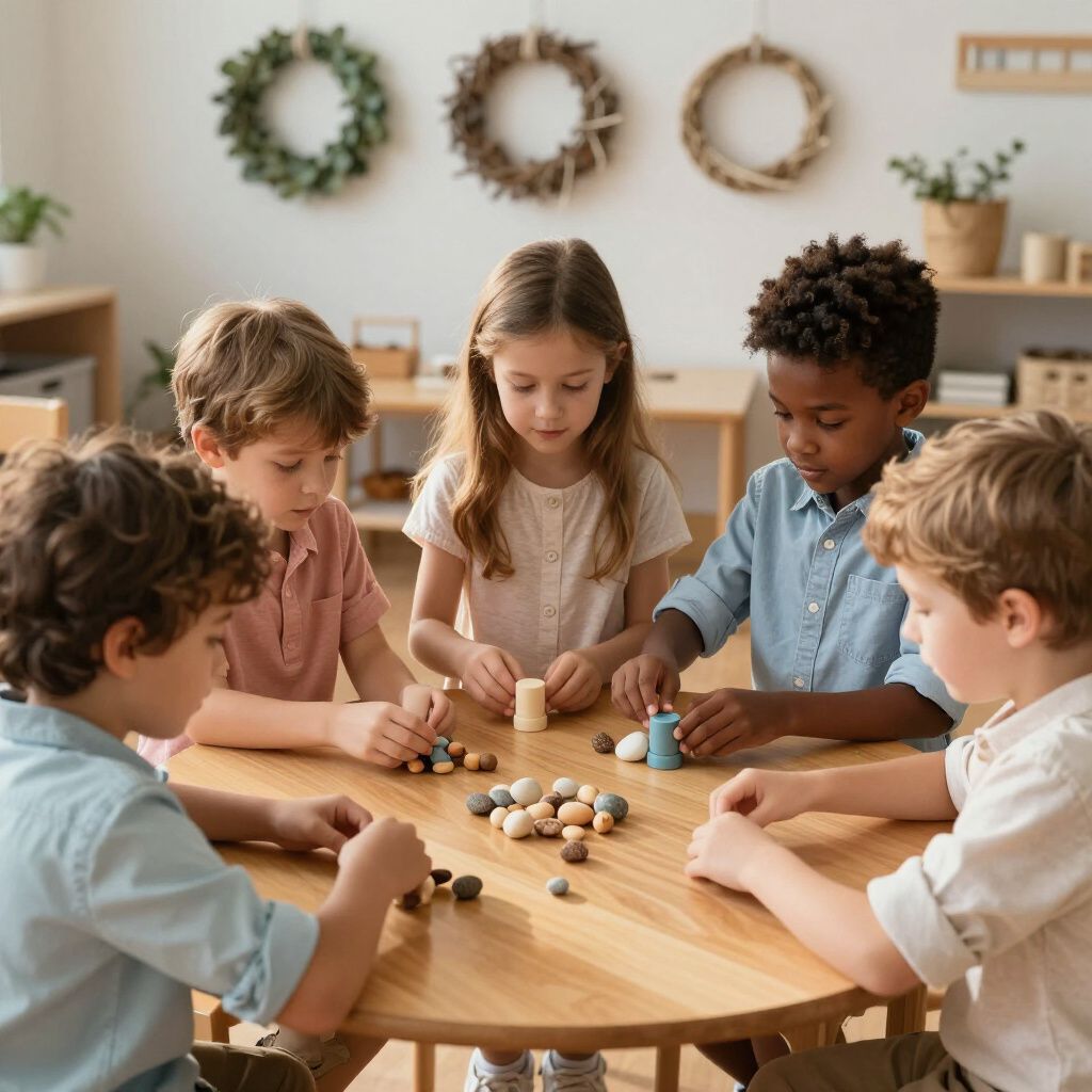 Five children sit at a circular wooden table in a classroom, engaged in a collaborative activity with small objects.