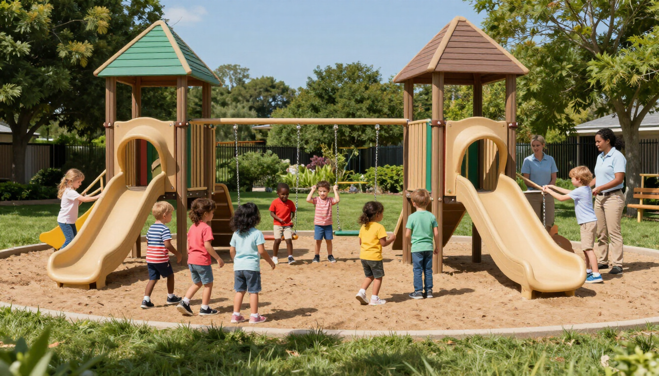Children play on a wooden playground structure with two towers and slides, supervised by adults in a sunny outdoor park.