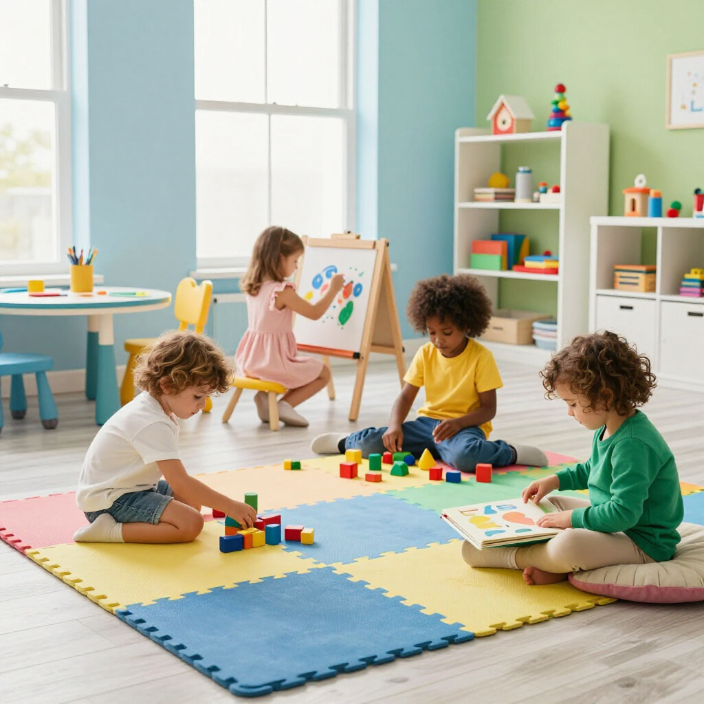Children play in a bright room with a colorful floor mat, using building blocks, drawing on an easel, and reading.