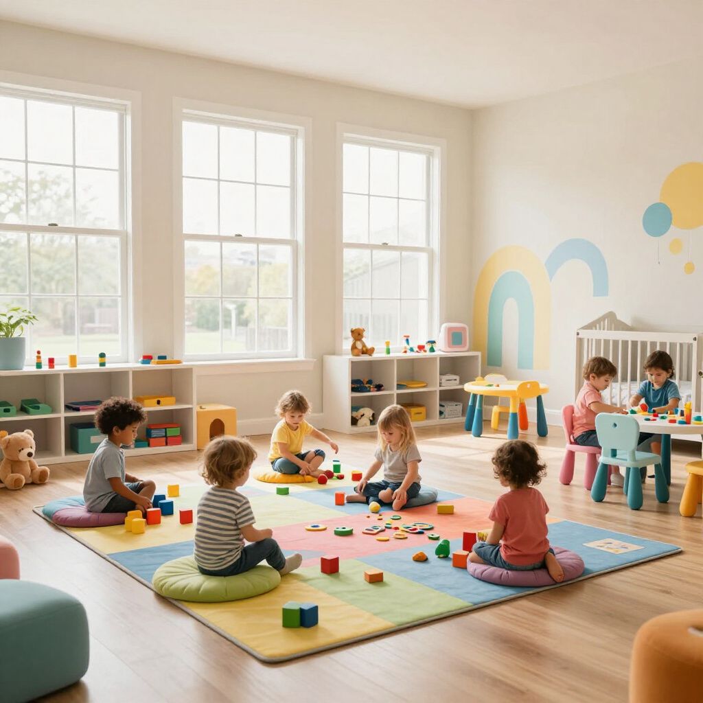 Children play with colorful blocks on a patterned rug in a sunlit classroom with shelves and tables.