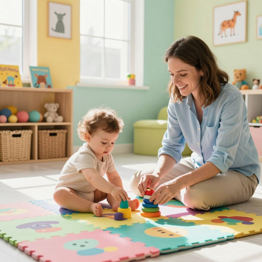 A person sits on a colorful foam floor mat, playing with a stacking ring toy alongside a small child in a nursery.
