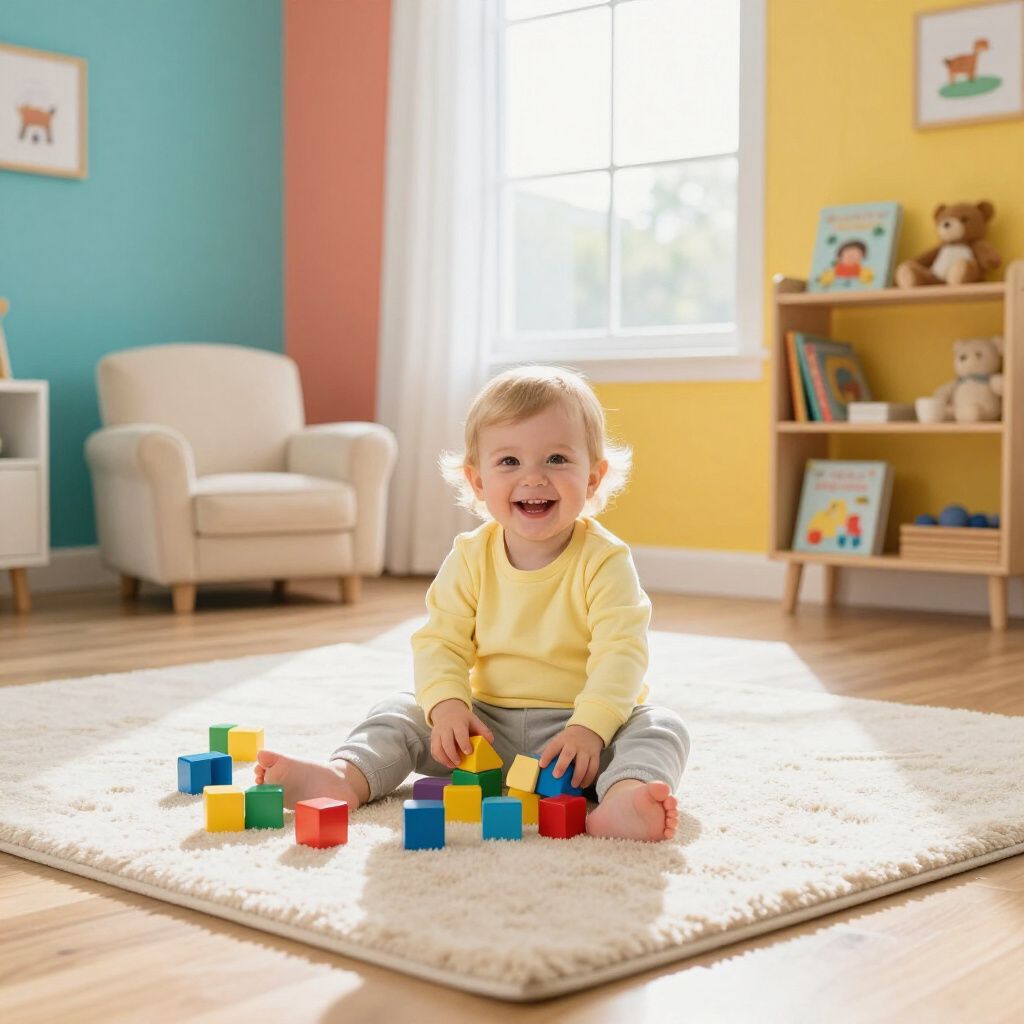 A smiling child in a yellow shirt sits on a rug, playing with colorful wooden building blocks in a bright room.