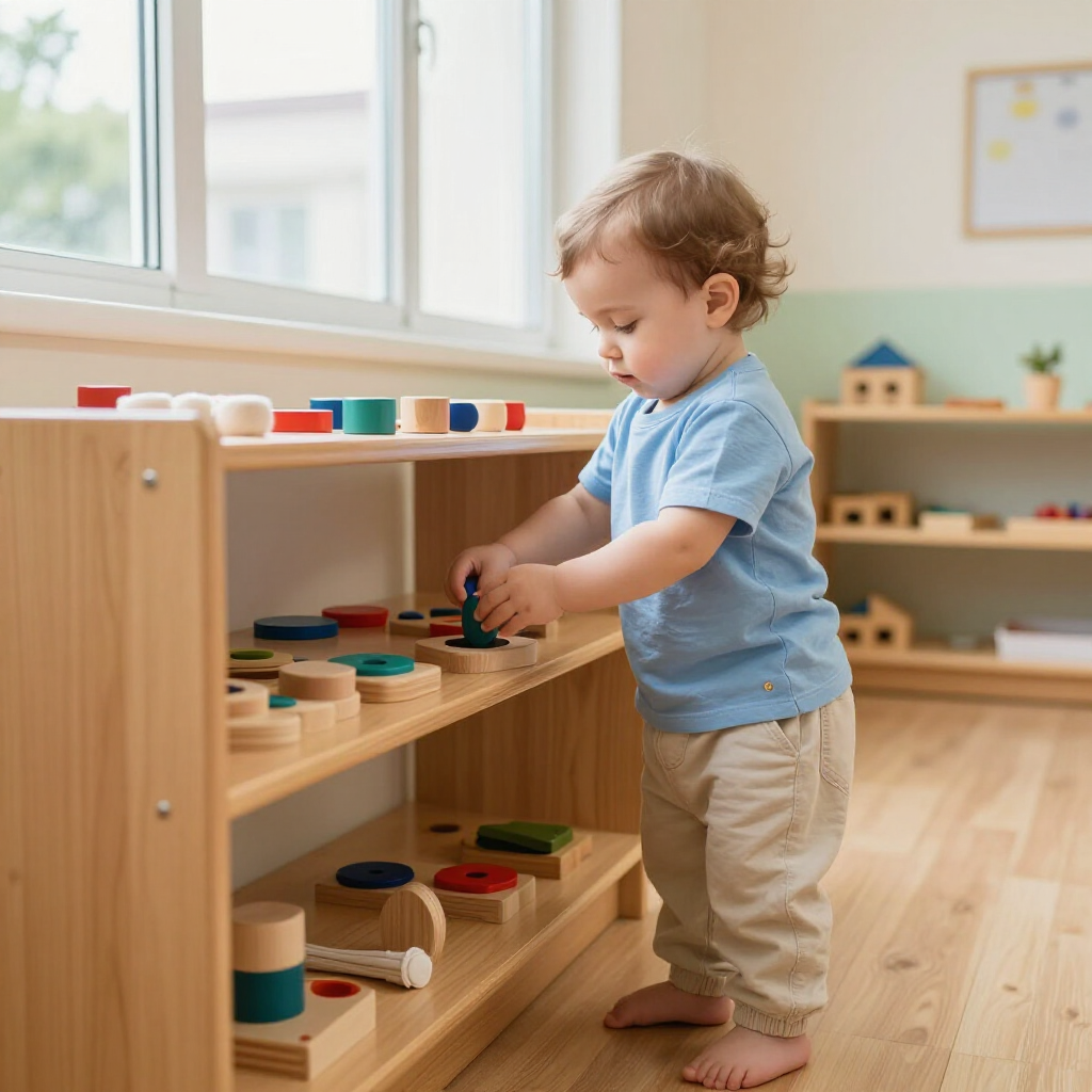 A toddler in a blue shirt standing by a wooden shelf, carefully placing colorful wooden blocks on a stack.
