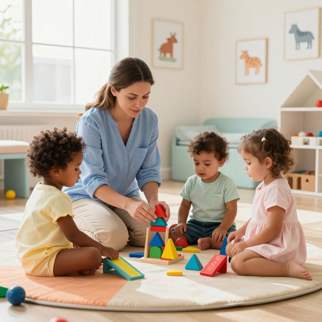 An adult sits on a rug with three children, building with colorful wooden geometric blocks in a bright, sunny room.