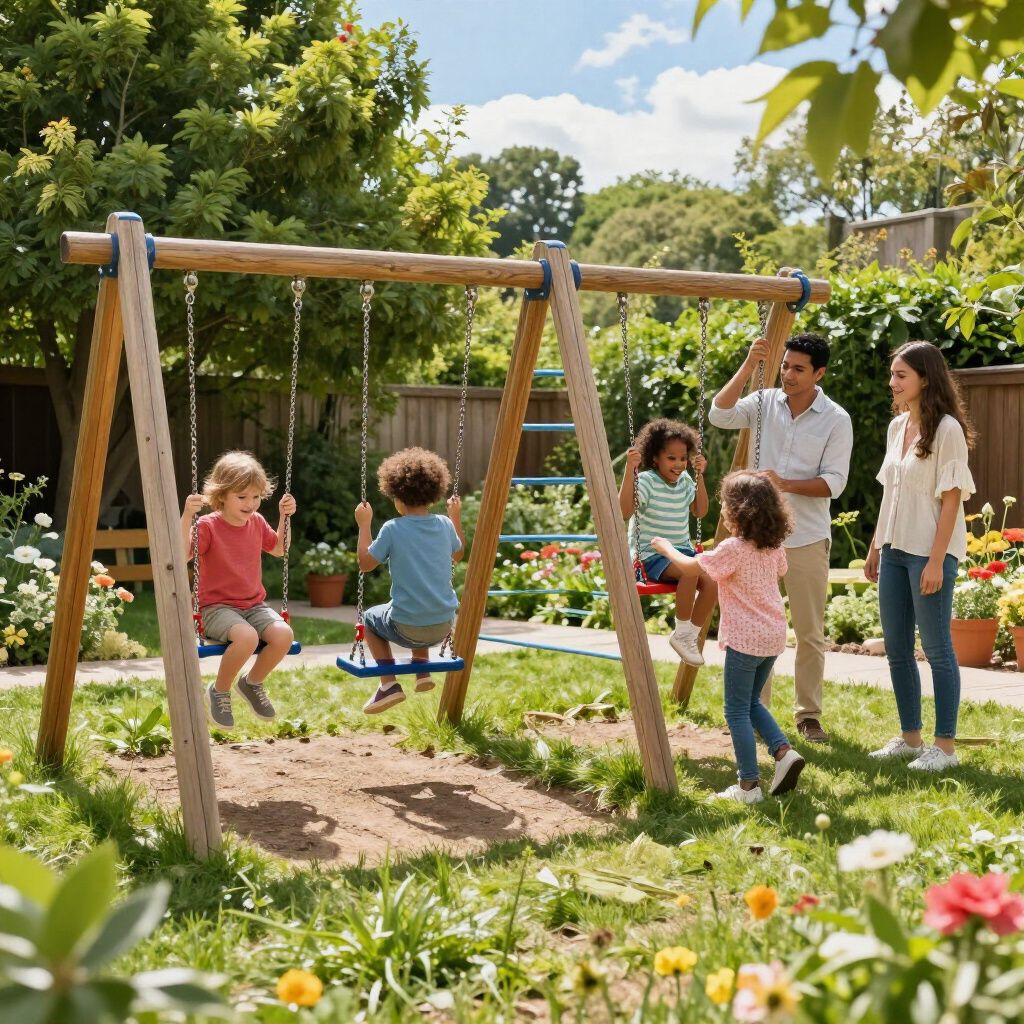 Children play on a wooden swing set in a sunny backyard garden while two adults watch nearby.