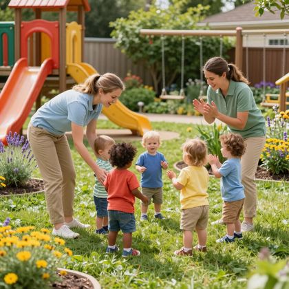 Two teachers in a sunny playground lead a group of young children in an outdoor activity on the grass.