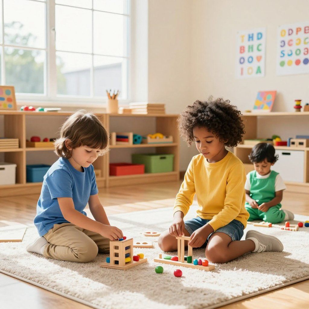 Three children sit on a rug in a bright classroom, playing with wooden building toys and colorful beads.