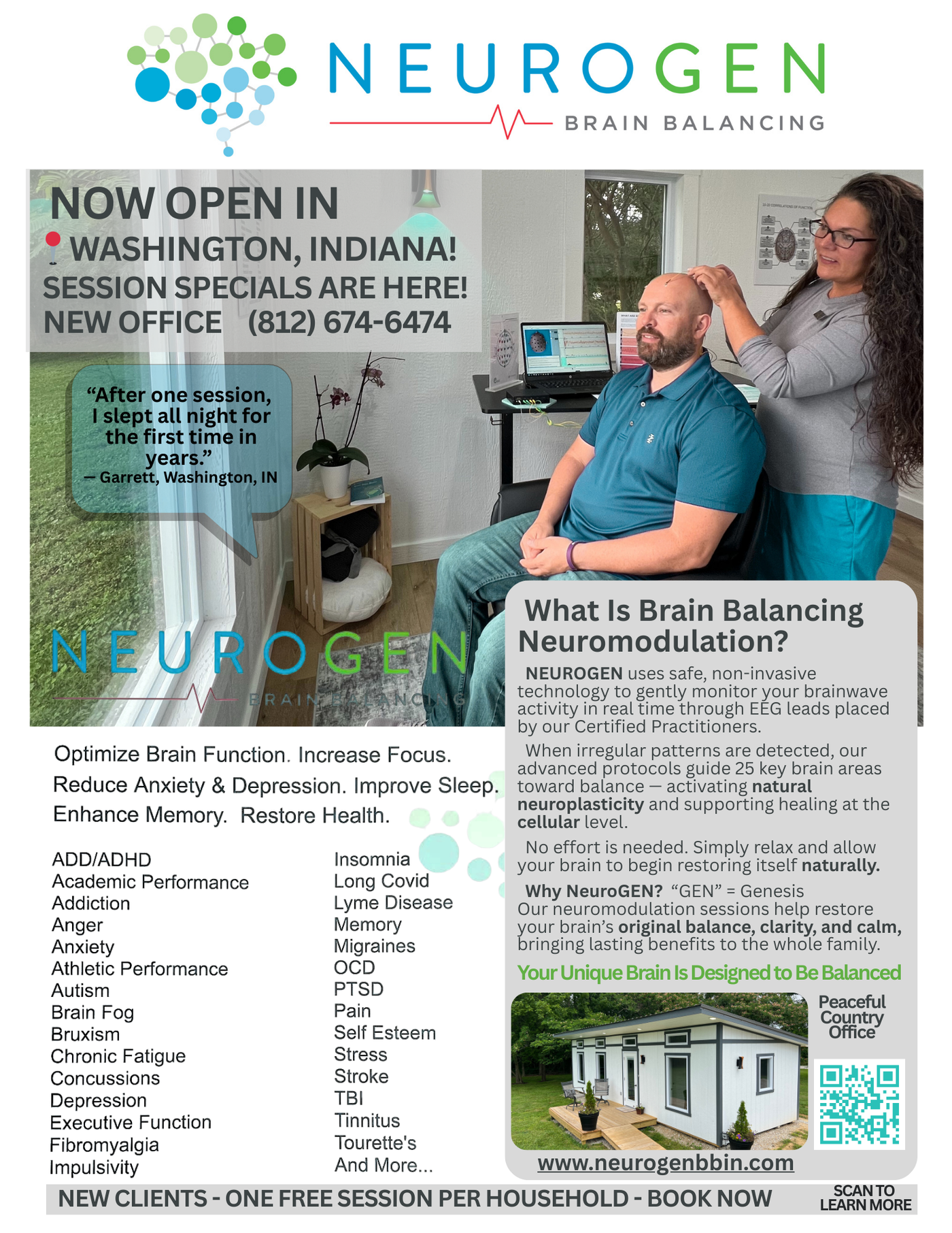 Advertisement for Neurogen in Washington, Indiana. A woman adjusts a man's head, promoting brain balancing neuromodulation.