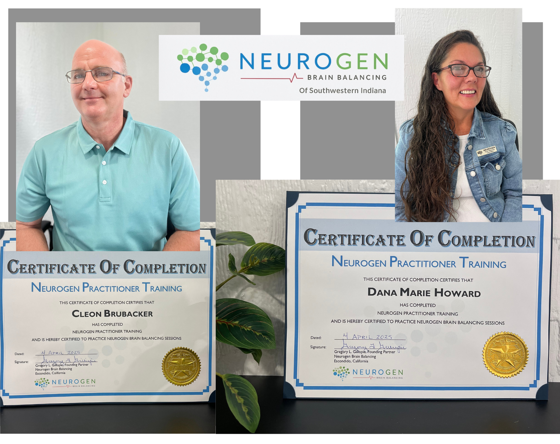 Two people with certificates, under NeuroGen logo. Man smiling in green, woman in jean jacket smiling.