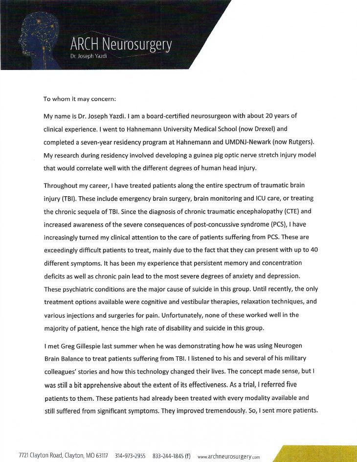 Letterhead for ARCH Neurosurgery, with text describing the writer's medical experience and treatment approach for traumatic brain injury.