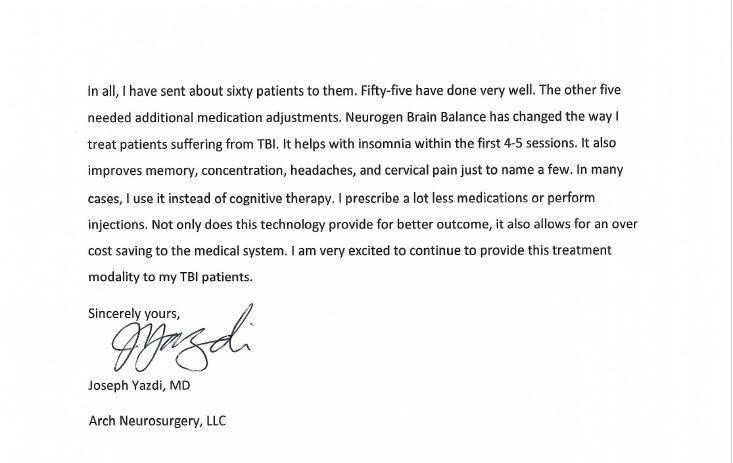 A letter from Joseph Yazdi, MD, about treating TBI patients. It's signed, and mentions better outcomes and cost savings.