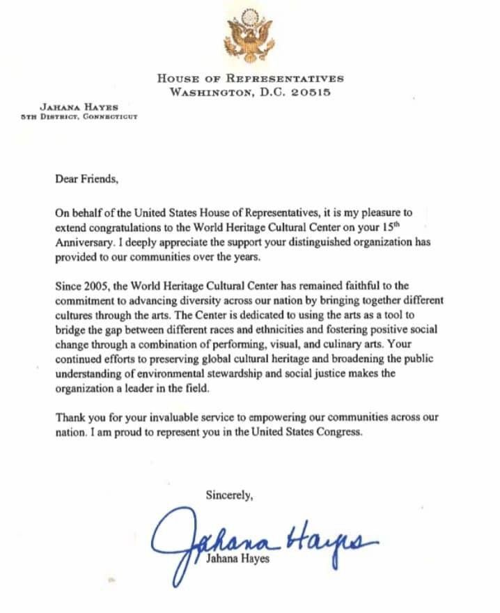House of Representatives letter, WHCC 15th Anniversarry