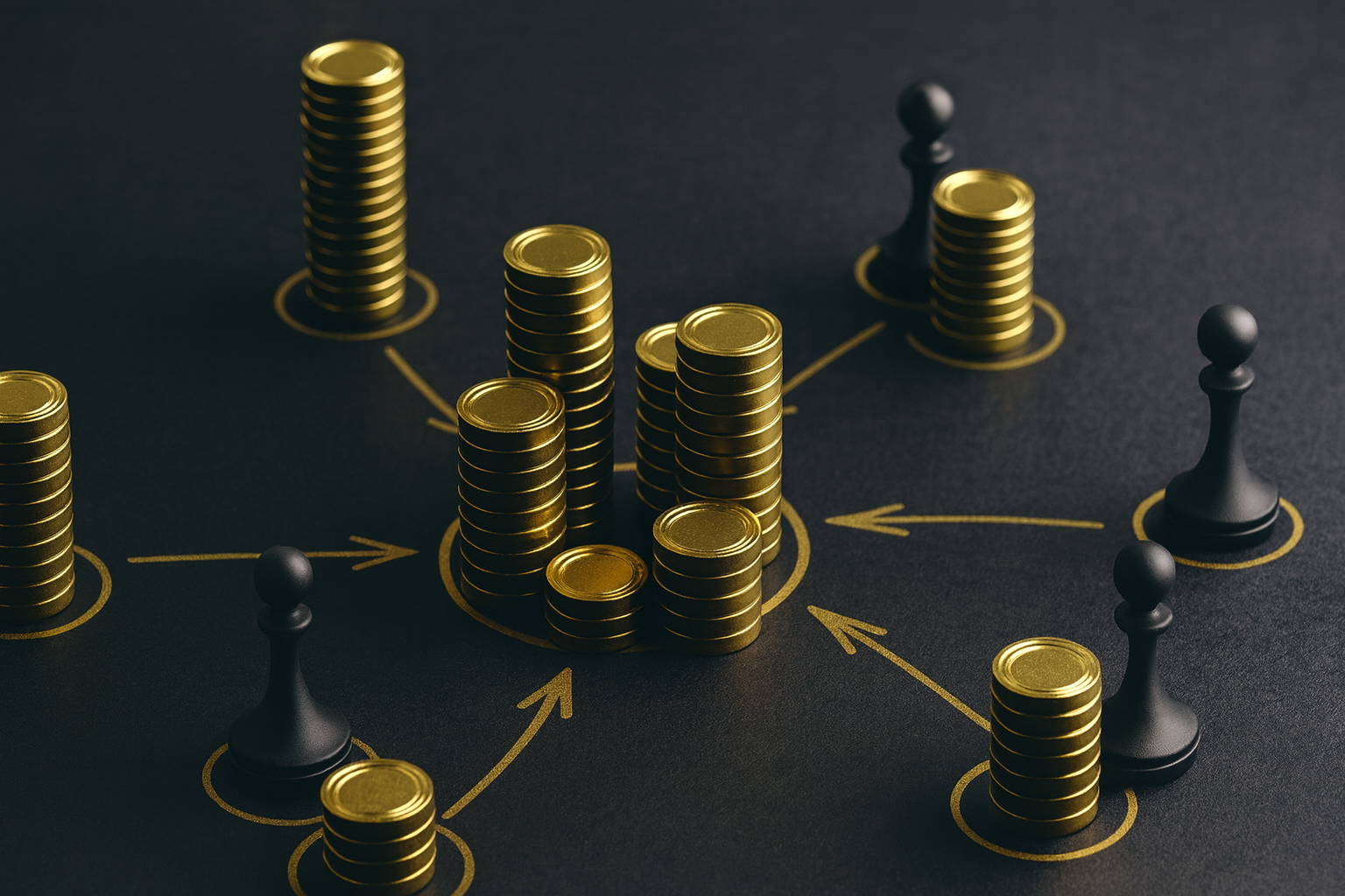 Pilhas de moedas de ouro conectadas por setas e peões em uma superfície preta, simbolizando redes financeiras.