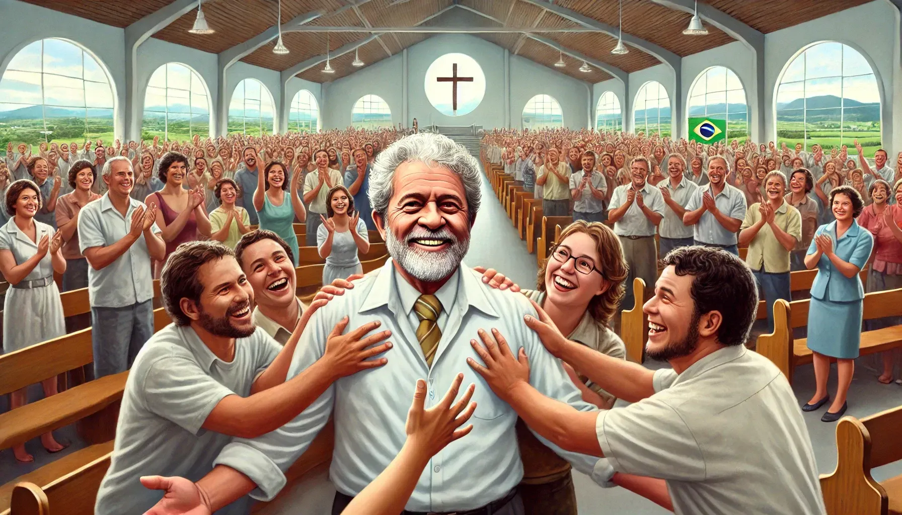 Um grupo de pessoas está abraçando Lula Presidente em uma igreja.