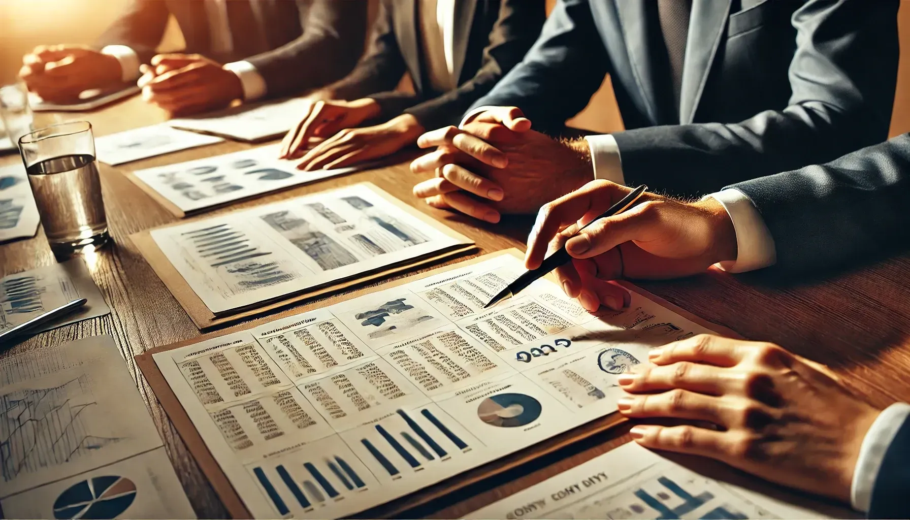 Um grupo de empresários estão sentados ao redor de uma mesa olhando papéis.