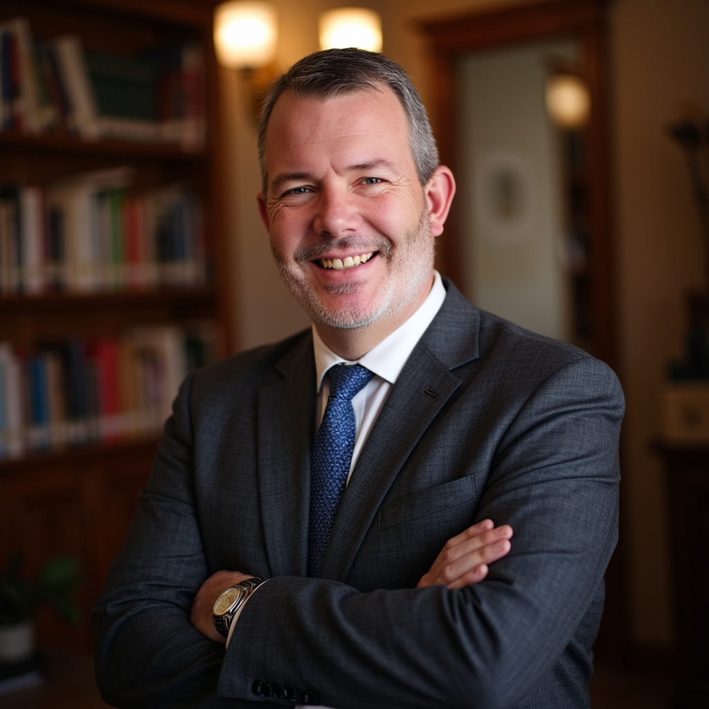 Man in a suit smiles with arms crossed in a library.