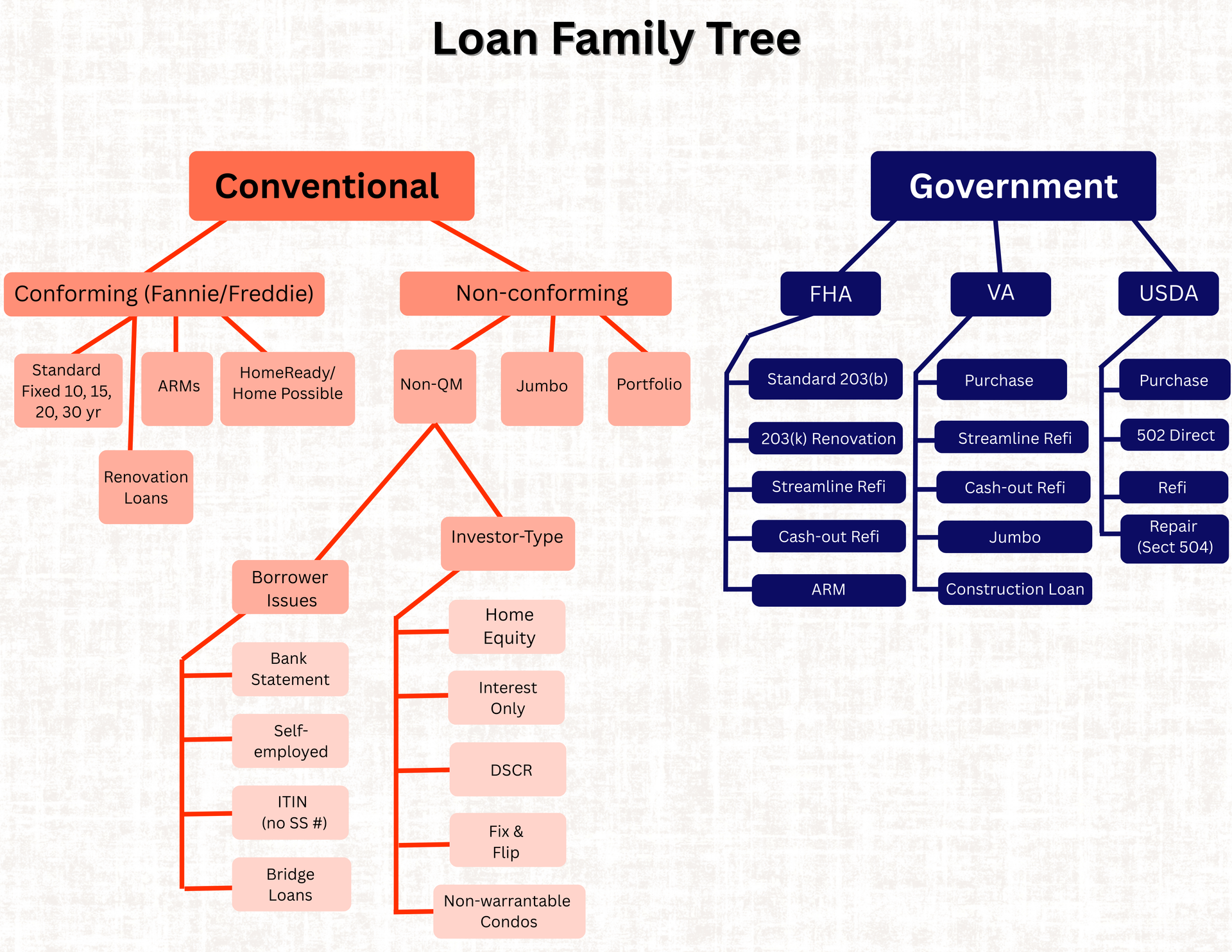 A diagram with two sides--the left side is a list of the various conventional loans and the right side is a list of the various government backed loans like FHA, VA, and USDA