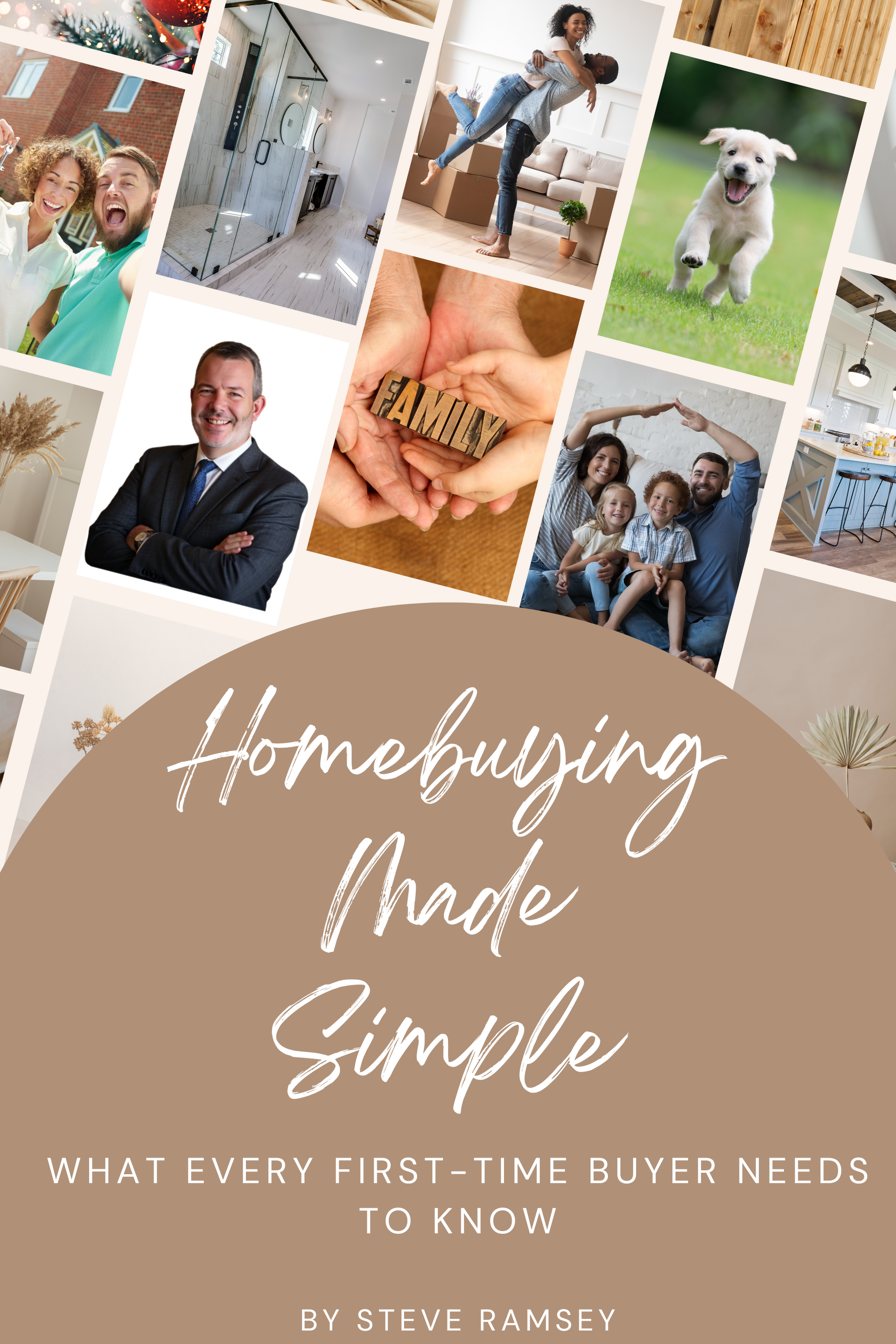 Book cover with images of people at home, pets, and the author