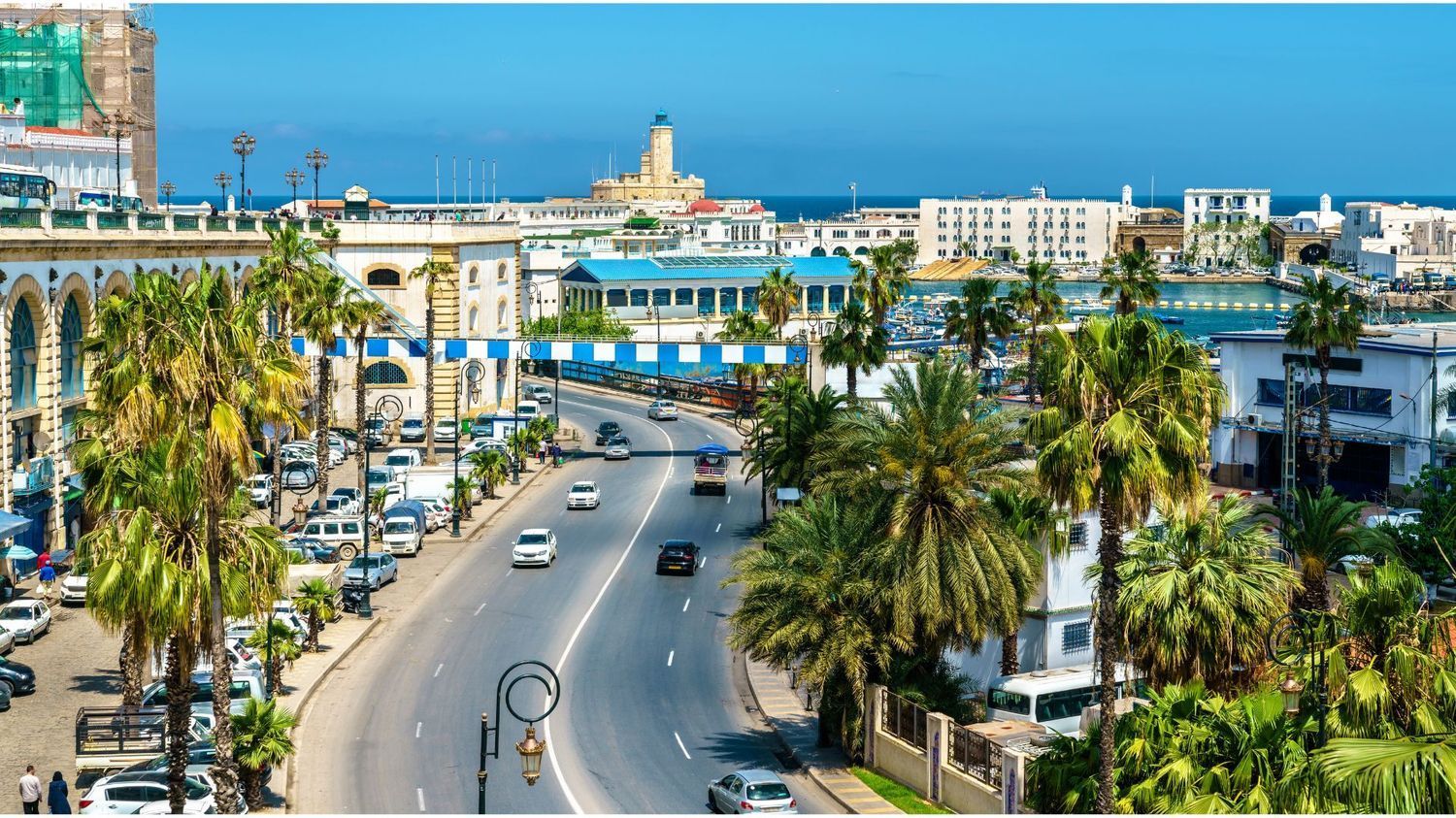 A sunlit city street with palm trees, moving traffic, and a large historic landmark in the background near the water.