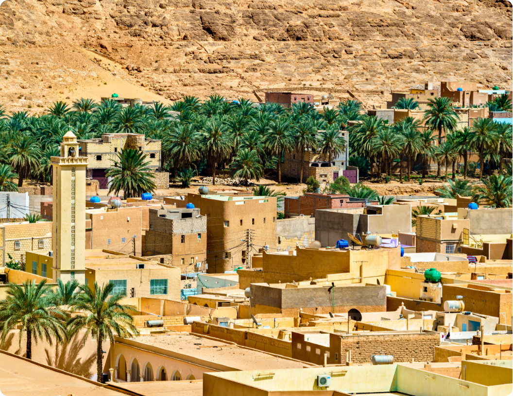 A desert oasis village with palm trees, clay-colored buildings, and a minaret nestled against a rocky cliff.