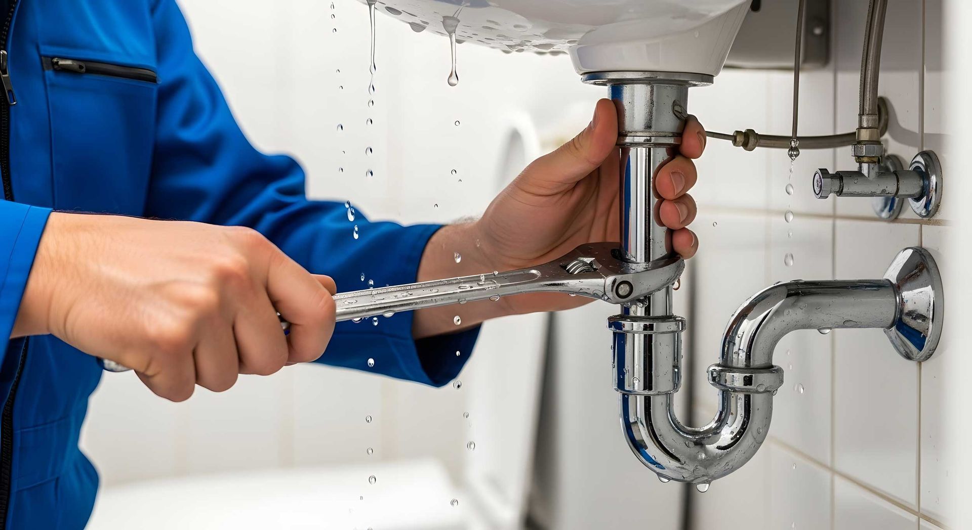 A plumber using an adjustable wrench to repair a chrome sink, showcasing reliable services. A plumber using an adjustable wrench to repair a chrome sink, showcasing reliable services.