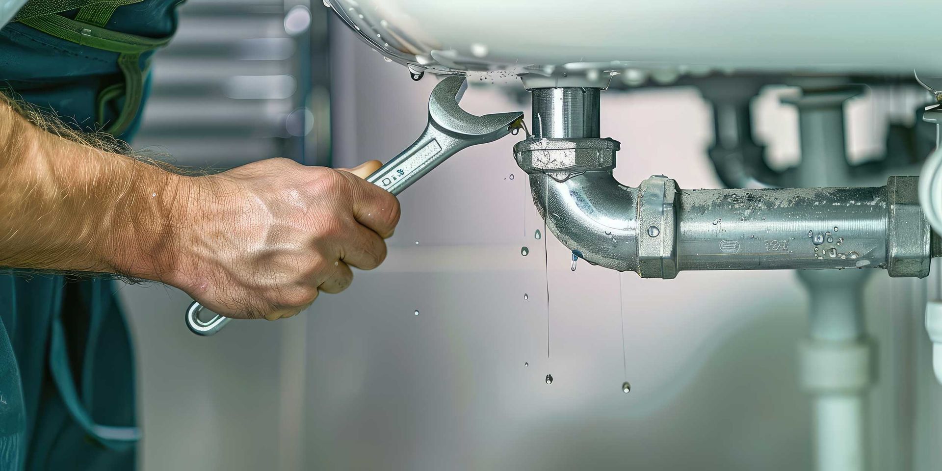 A plumber repairing sink drain pipe with adjustable wrench, expert local plumbing services. A plumber repairing sink drain pipe with adjustable wrench, expert local plumbing services.