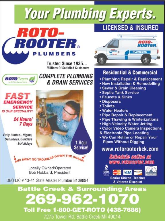 Roto-Rooter plumbing ad. Shows a plumber working, a van, and services offered. Contact info is included.