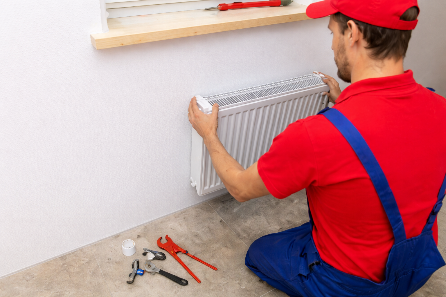 Technician installing wall-mounted radiator heater during home heating system repair.