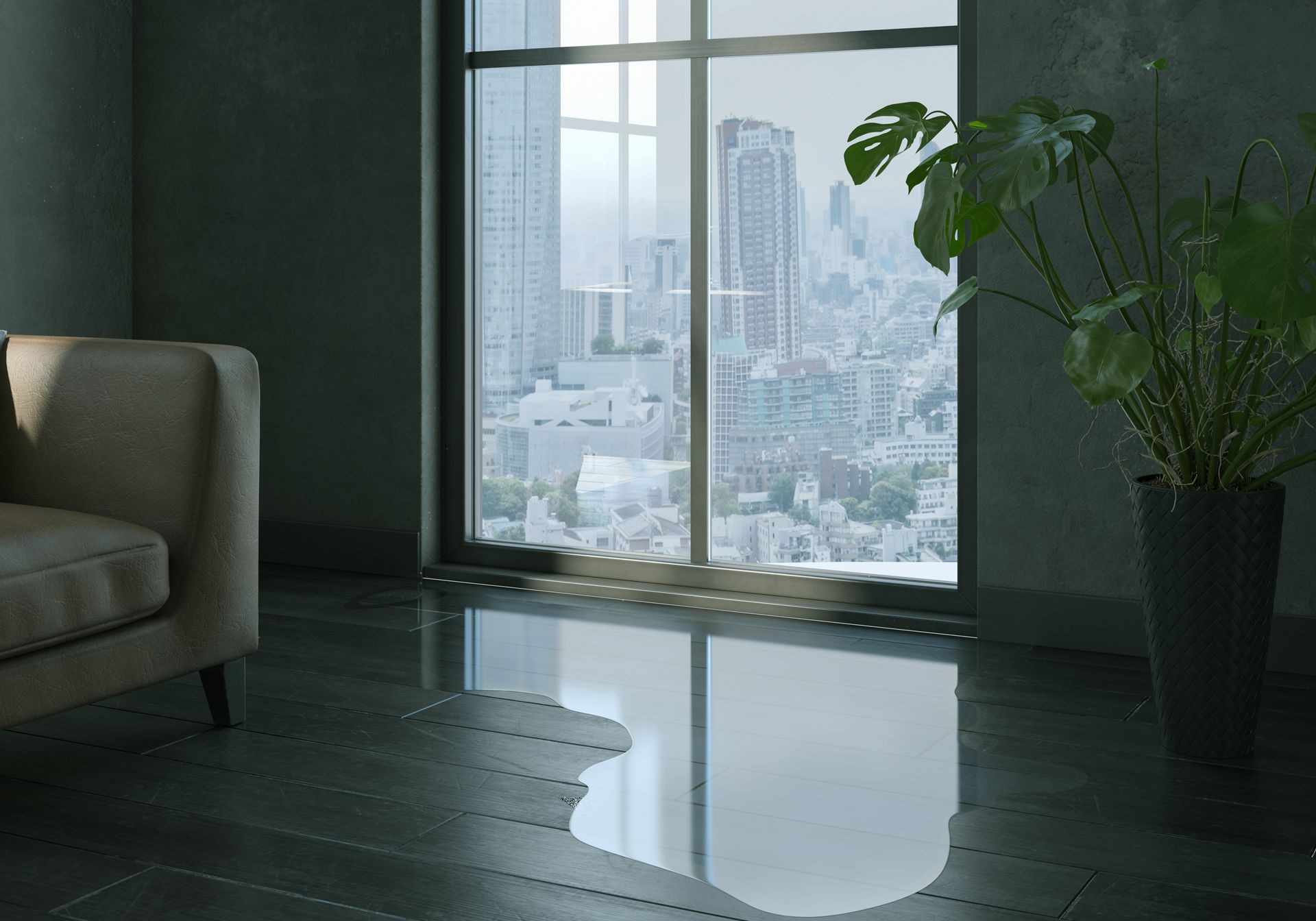 A pool of water on a dark, tiled floor in a room with a large window overlooking a city skyline.