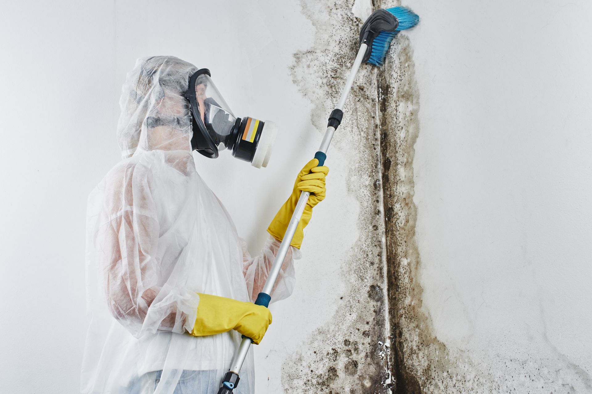 A person in protective gear and a respirator cleaning dark mold off a white wall with an extended scrubbing tool.