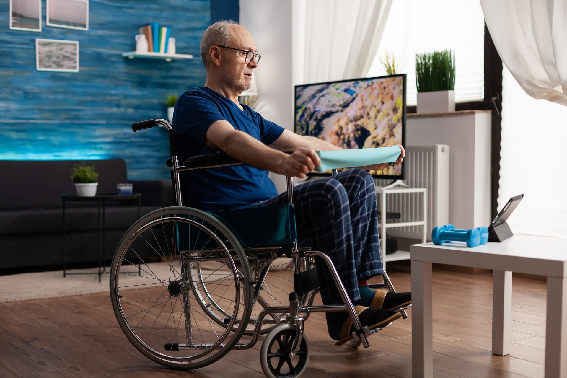 Patient joins telehealth session to participate in home exercise program.
