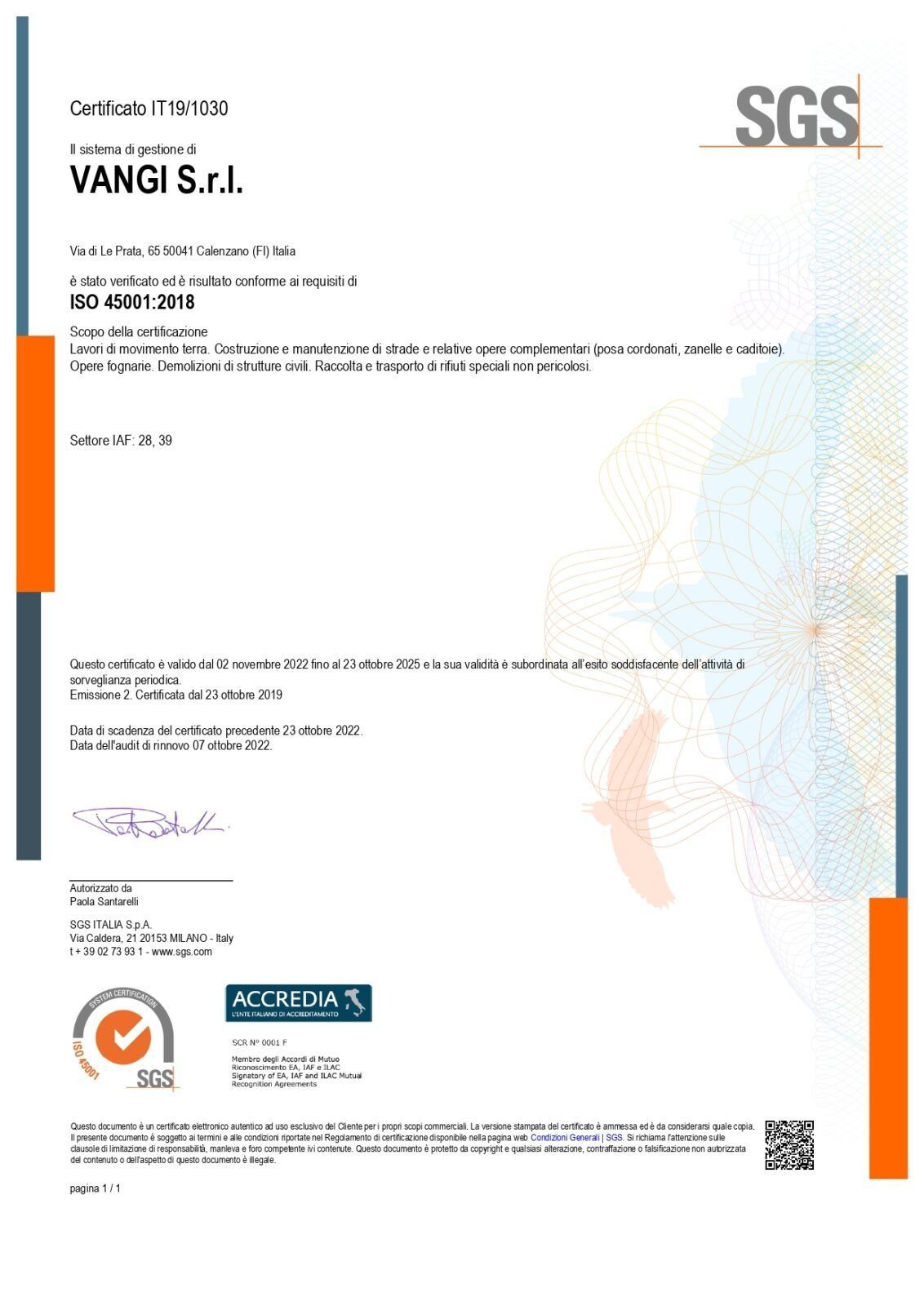 Documento di certificazione SGS con logo, blocchi di testo e dettagli laterali arancioni e blu.