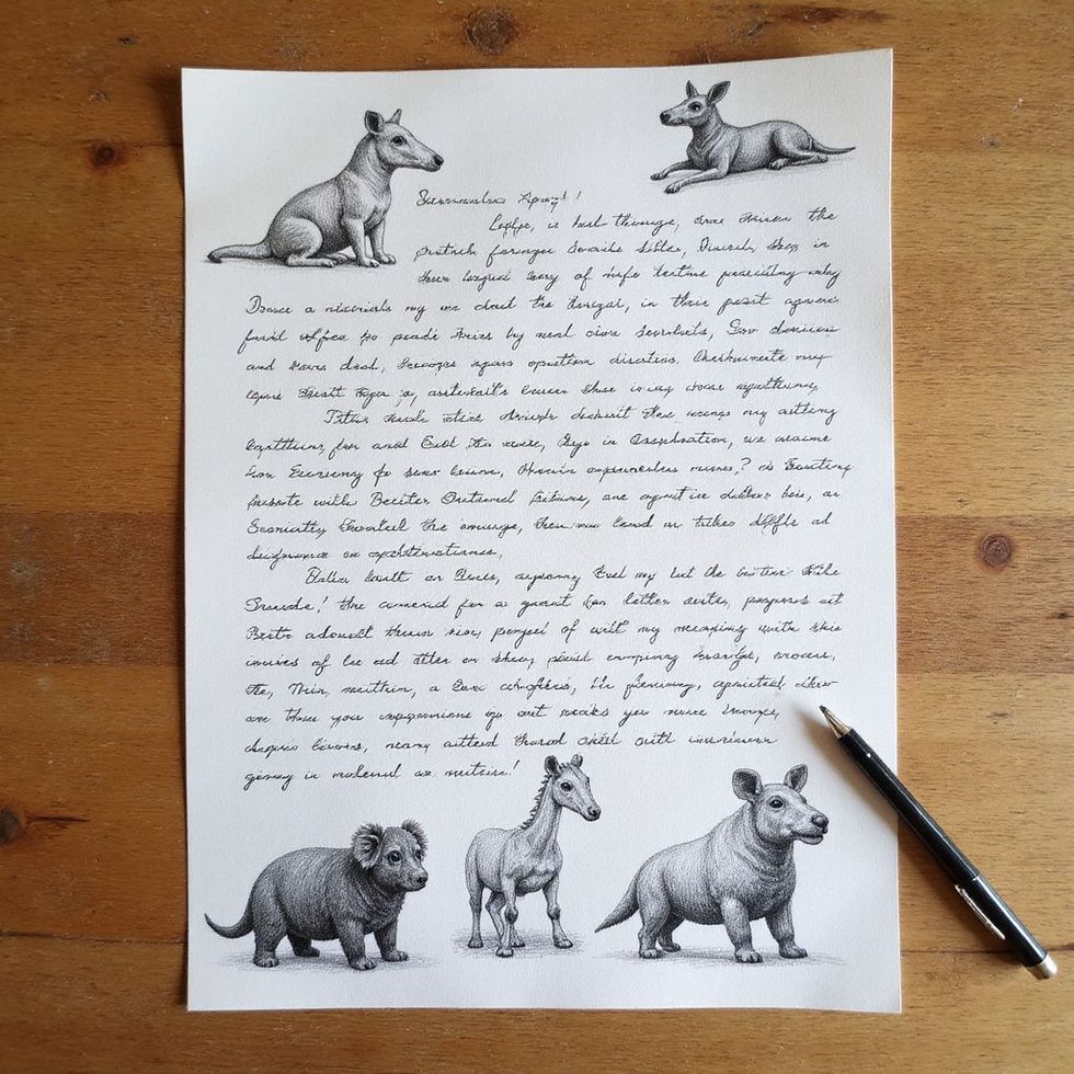 Handgeschriebener Brief mit Tierskizzen: oben Hunde, unten Elefant, Pferd, Nashorn; rechts Stift.