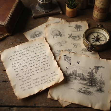 Vintage-Schreibtisch mit handgeschriebenem Brief, Zeichnungen von Tieren und Landschaften und einem Kompass.