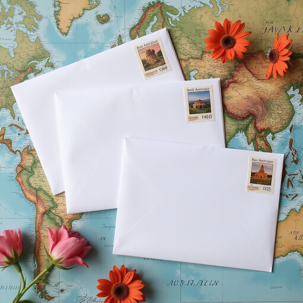 Drei weiße Umschläge mit Briefmarken auf einer Karte, daneben Blumen.