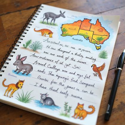 Notizbuchseite mit einer illustrierten Karte von Australien und Tierzeichnungen mit handgeschriebenem Text.