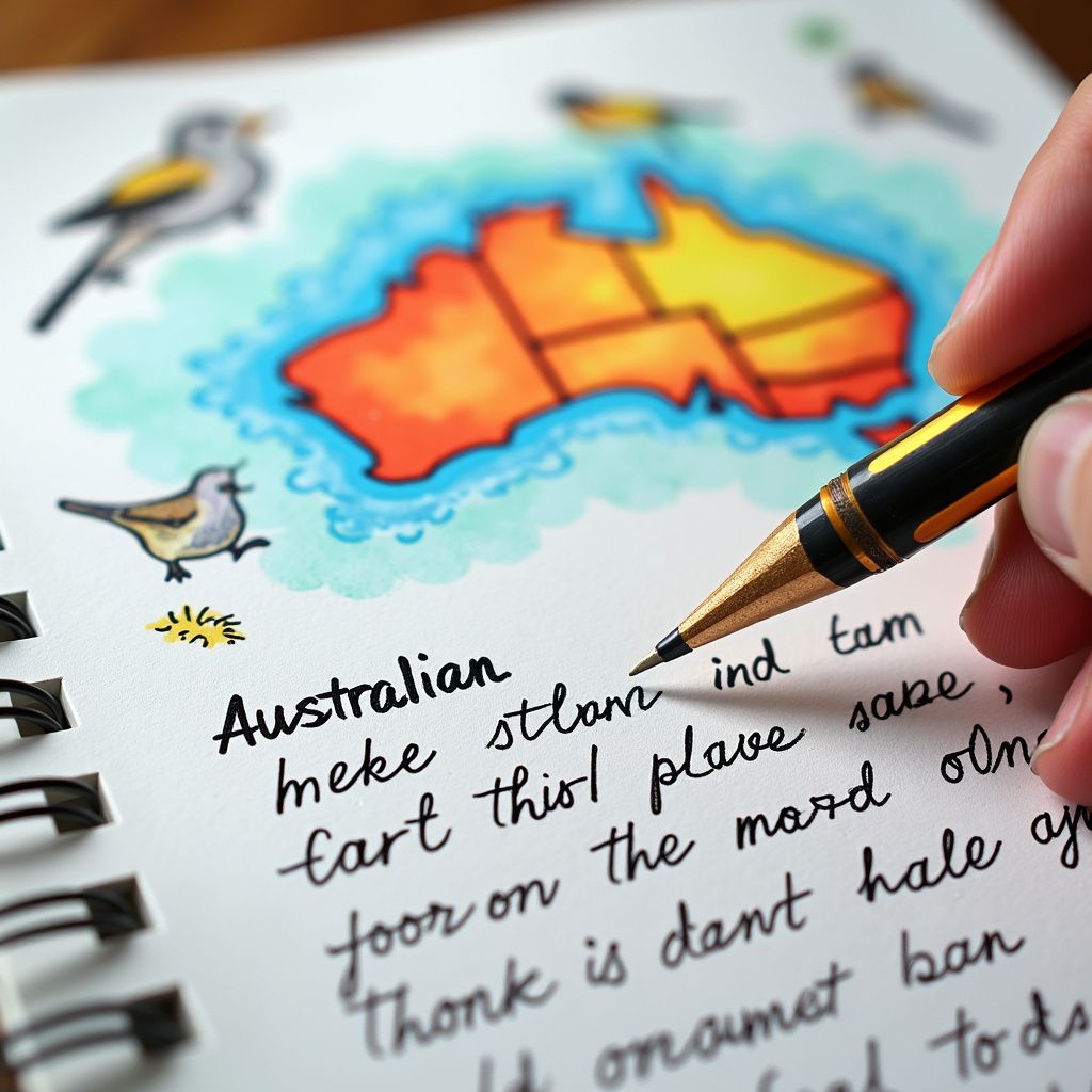 Handschrift mit einem Stift auf einem Notizbuch über Australien.