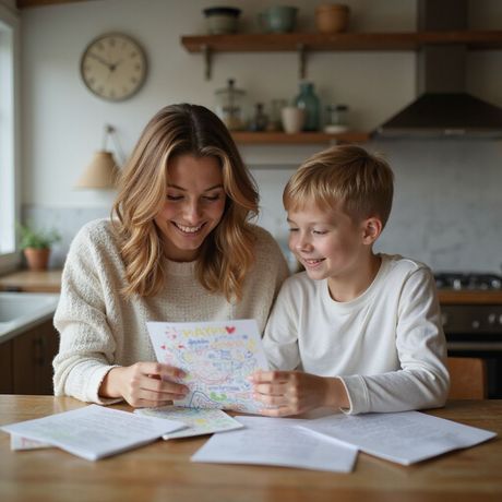 Mutter und Sohn lächeln an einem Küchentisch über eine selbstgemachte Karte.