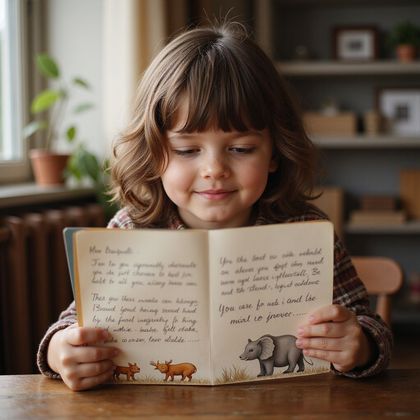 Ein kleines Kind mit braunem Haar lächelt, während es ein Buch mit Tierillustrationen liest.