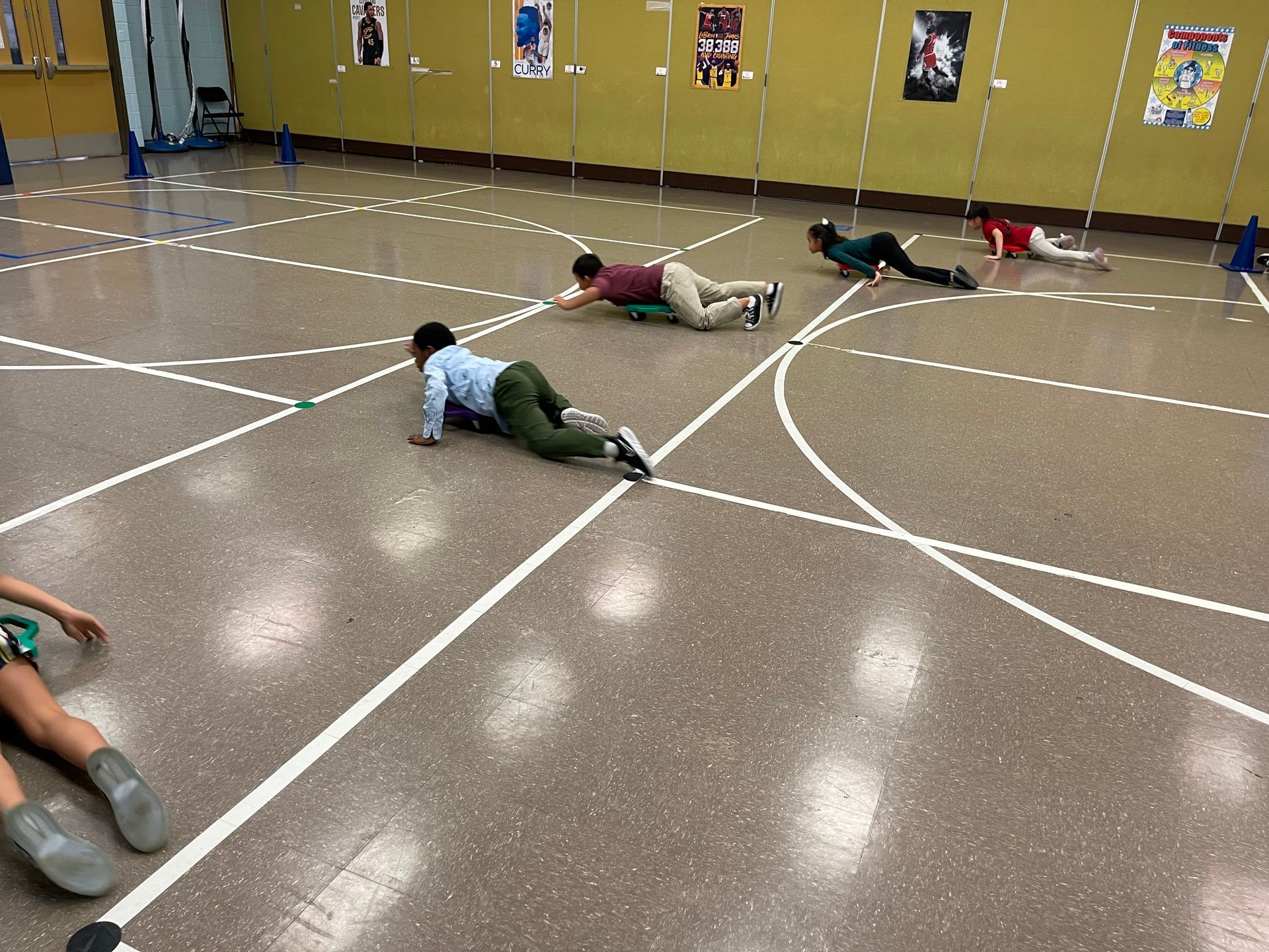 a group of people are laying on the floor in a gym .