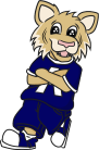 a cartoon lion wearing a blue shirt and shorts with his arms crossed .