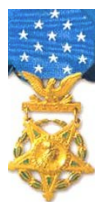 Medal of Honor: Gold star within laurel wreath, eagle clasp on blue ribbon with stars.