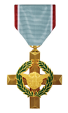 Medal with gold cross, olive wreath, and a light blue and red ribbon.