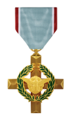 Medal with a gold cross, wreath, and bird, hanging from a light blue and red ribbon.