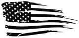 Distressed black and white American flag graphic with stars and stripes, appearing to be torn.