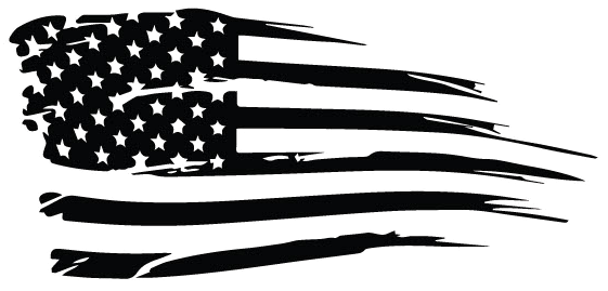Distressed black and white American flag graphic with stars and stripes, appearing to be torn.